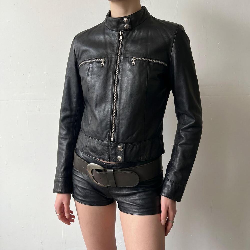 Fitted Black Leather Moto Jacket Indie Sleaze Tumblr - Picture 5 of 8